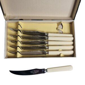Set of 6 Vtg Sheffield Cutlery Serrated Steak Knives Stainless Steel Scimitar